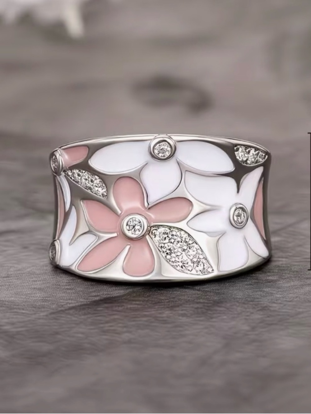 💥3/$15💥 Elegant Silver Cubic Zirconia Pink & White Floral Enamel Ring